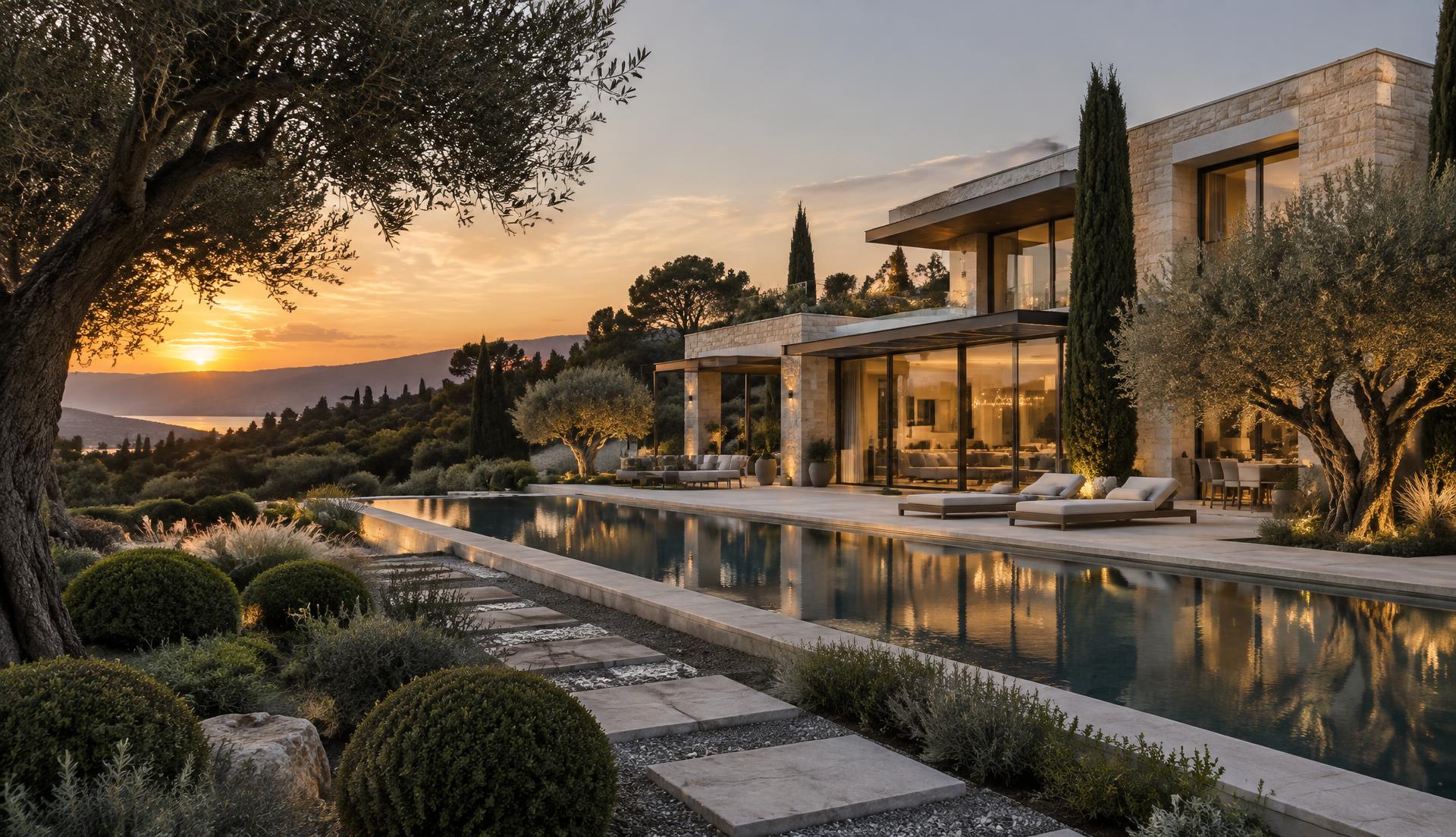 Conceptual image of a contemporary home and landscaped grounds
